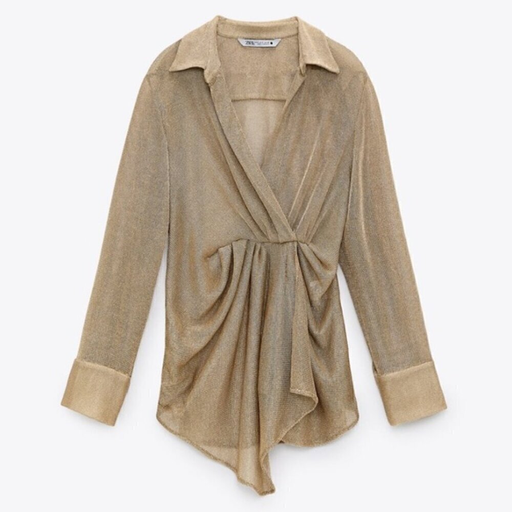 Zara Rose Gold Metallic Thread Pleated Blouse size M - Picture 4 of 11